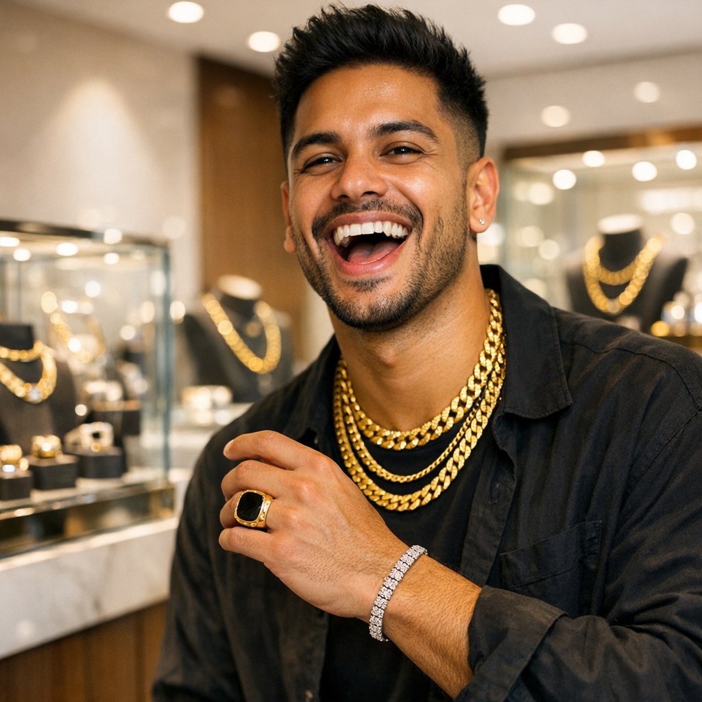 A modern man wearing a signet ring and a bold Cuban link chain, showcasing the latest men's jewelry trend