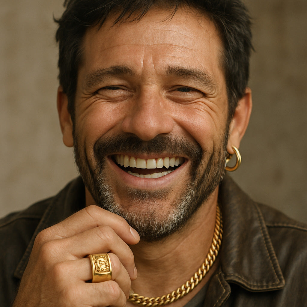 Stylish men's jewelry collection featuring rings, chains, and bracelets from Robinson's Jewelers