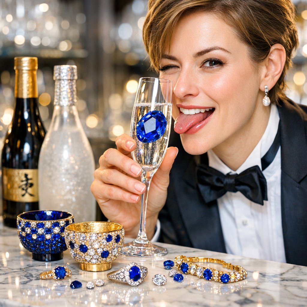 An elegant flat lay featuring a bottle of premium sake next to a stunning blue sapphire cocktail ring on a luxurious silk cloth.