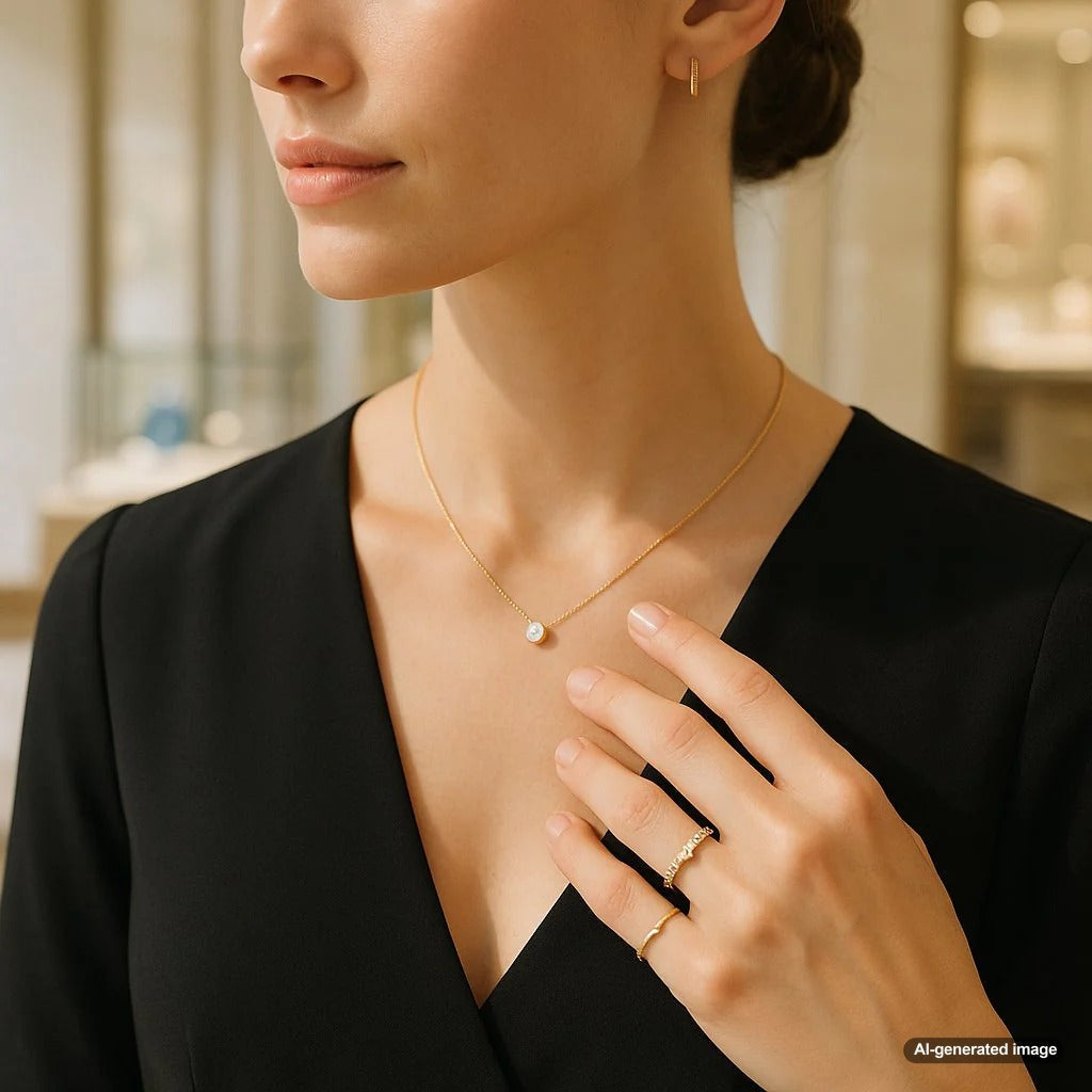 Elegant minimalist jewelry collection featuring delicate gold necklaces, simple bracelets, and dainty rings arranged beautifully