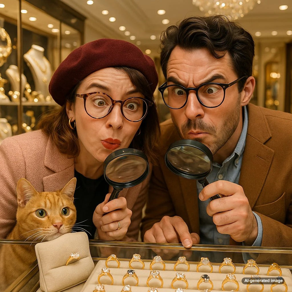 Couple designing a custom engagement ring with a jeweler at Robinson's Jewelers
