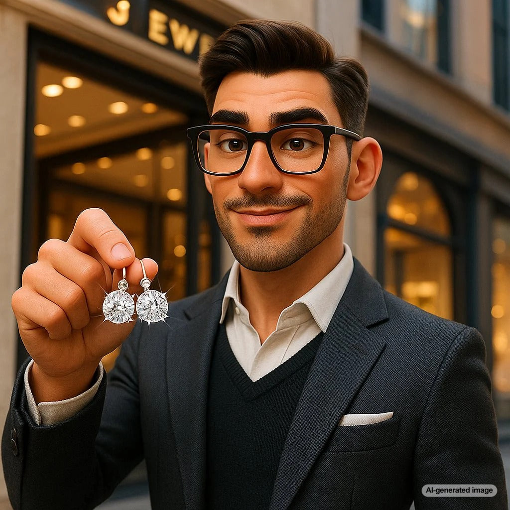 Stylish man wearing diamond earrings with urban backdrop