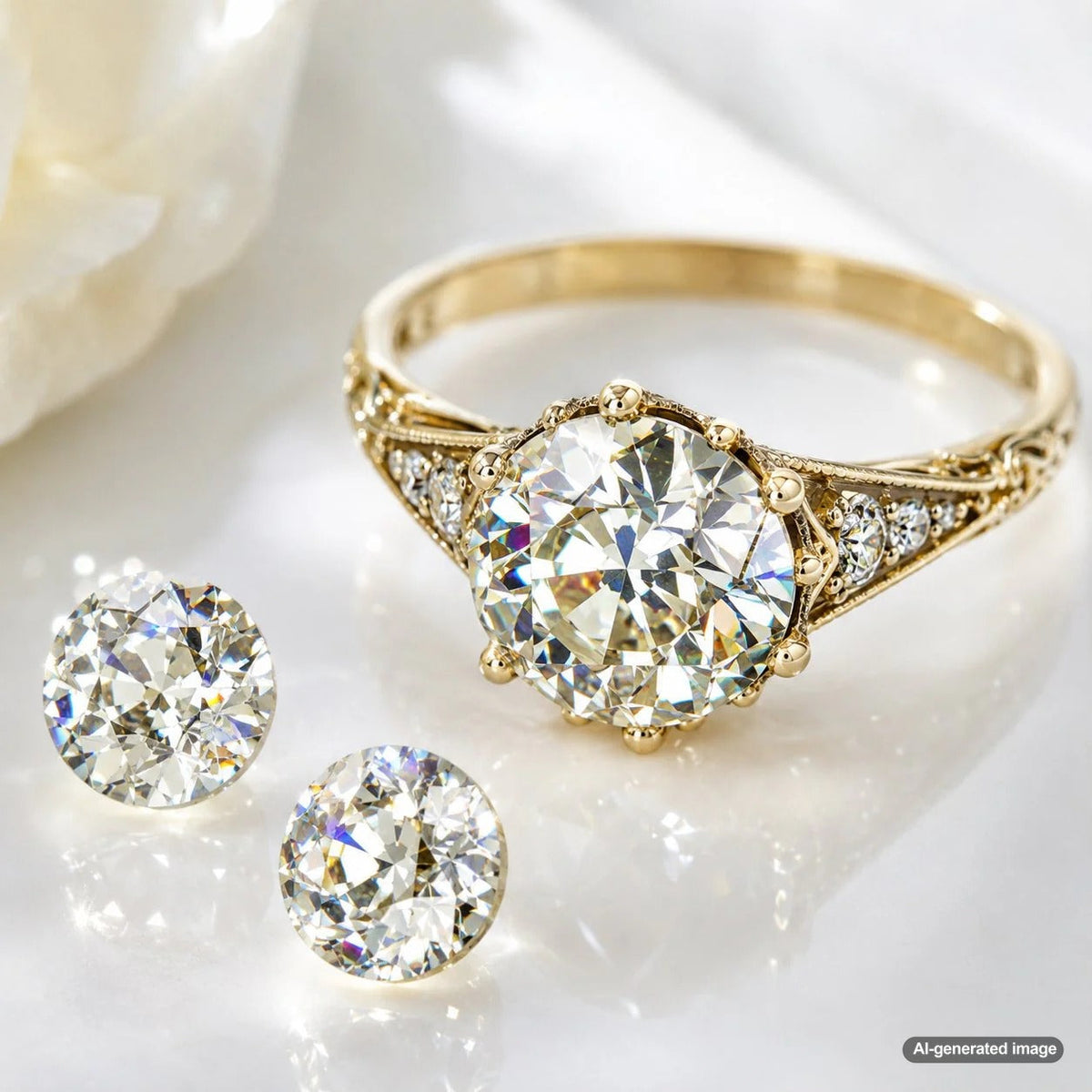 A sparkling Old European Cut diamond in an antique setting, showcasing warm fire and vintage charm