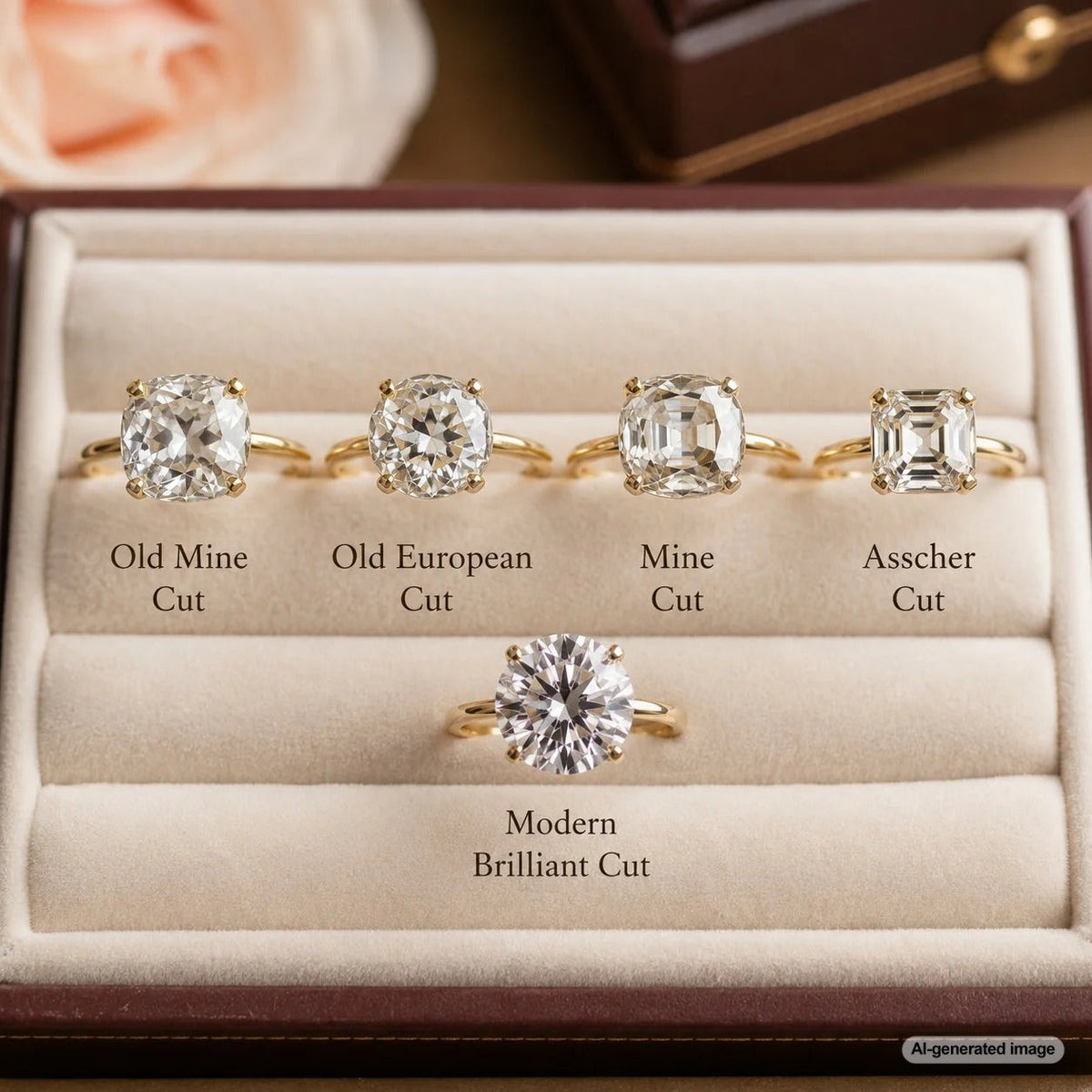 Antique Old European Cut diamond ring next to a modern round brilliant cut diamond ring showcasing different sparkle patterns