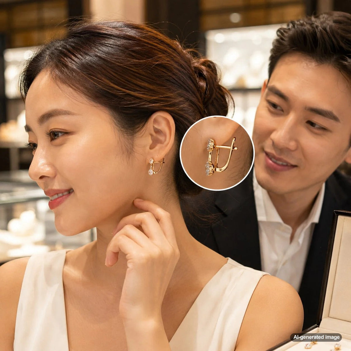 A detailed graphic illustrating the secure Omega back mechanism on a pair of elegant earrings.