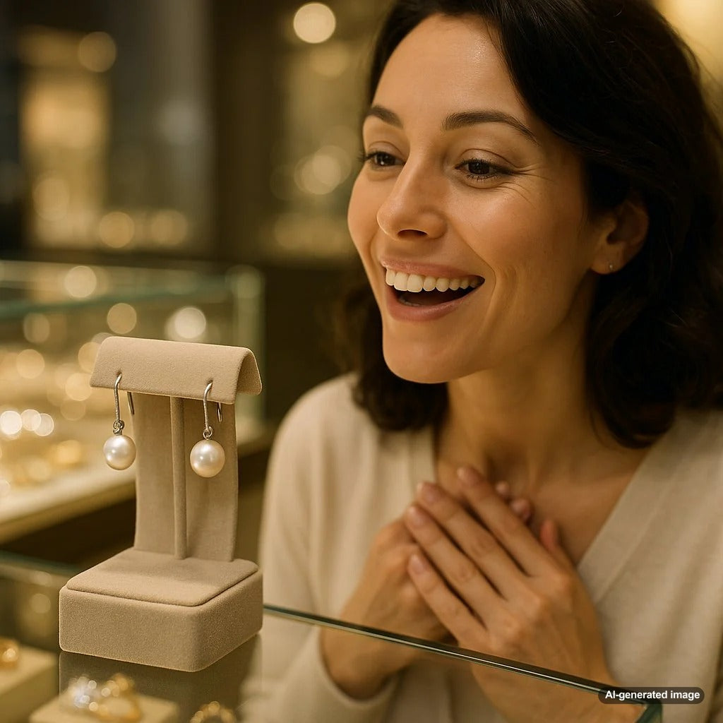 A stunning pair of classic white pearl stud earrings from Robinson's Jewelers, showcasing their perfect luster and timeless elegance.