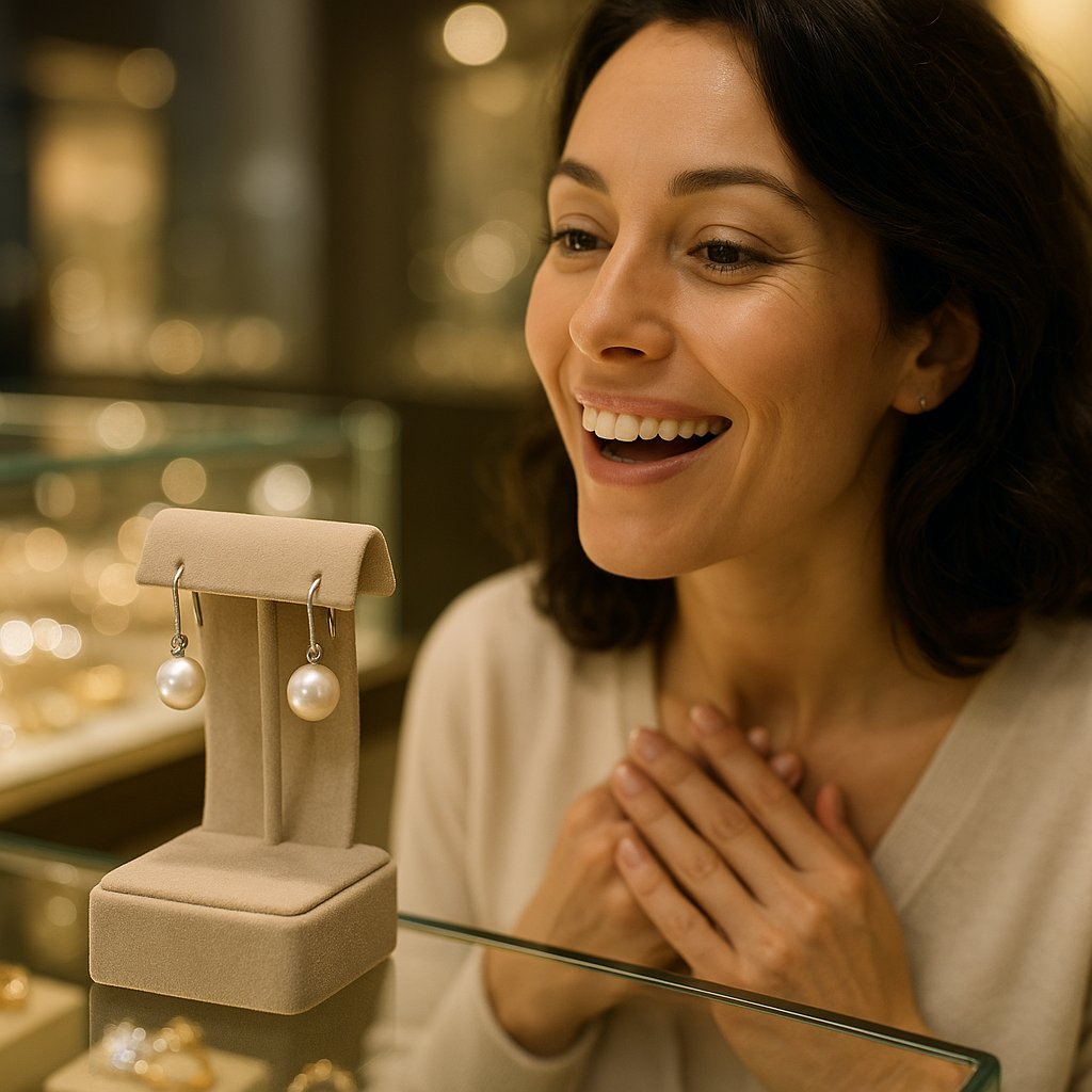 A stunning pair of classic white pearl stud earrings from Robinson's Jewelers, showcasing their perfect luster and timeless elegance.