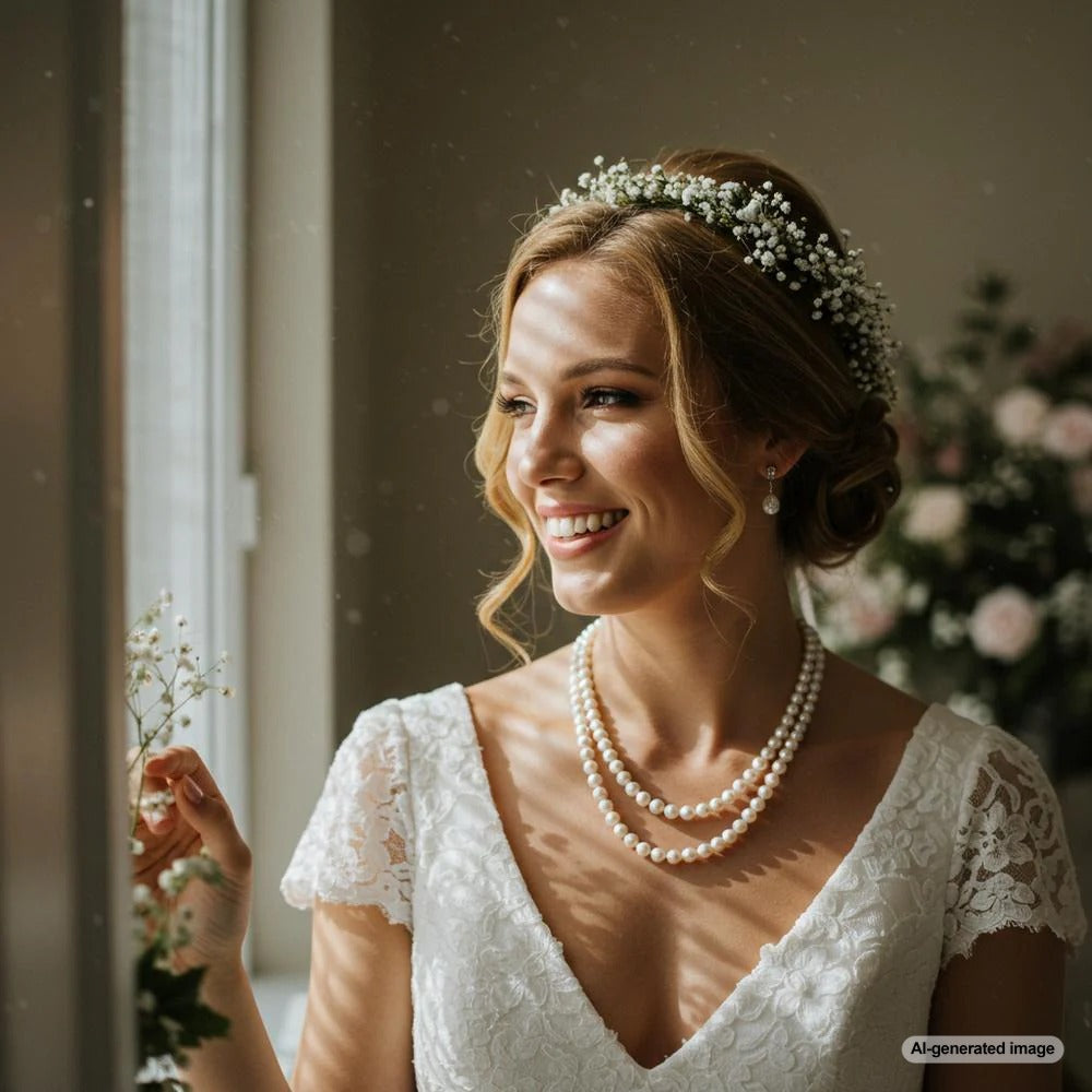 A stunning set of pearl jewelry displayed on a soft bridal background.