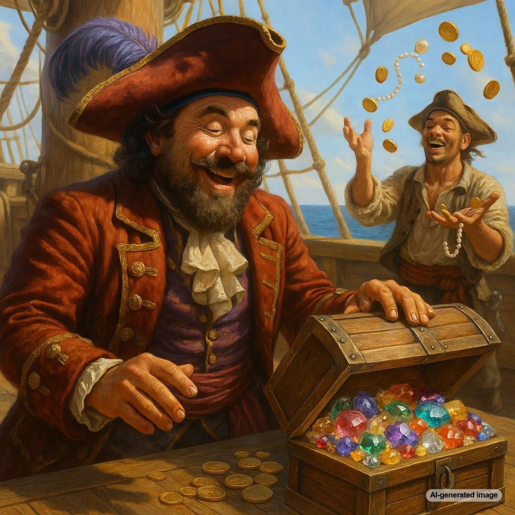 A lavish collection of pirate treasure featuring gold coins, pearls, and glittering gemstone jewelry including rings and necklaces