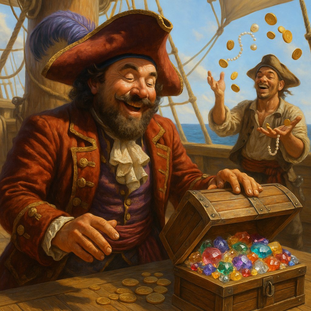 A lavish collection of pirate treasure featuring gold coins, pearls, and glittering gemstone jewelry including rings and necklaces