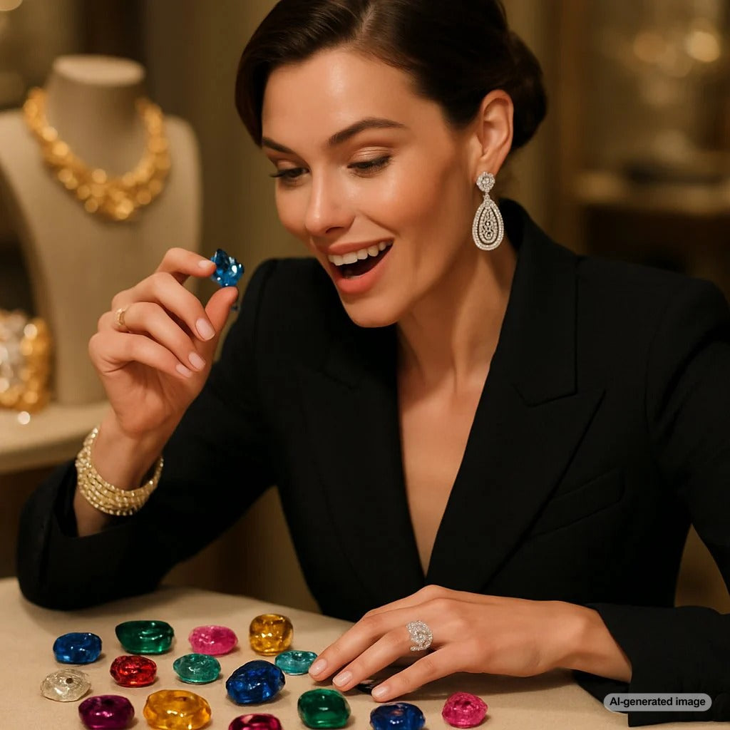 Investment grade rare colored gemstones and diamond jewelry displayed on black velvet