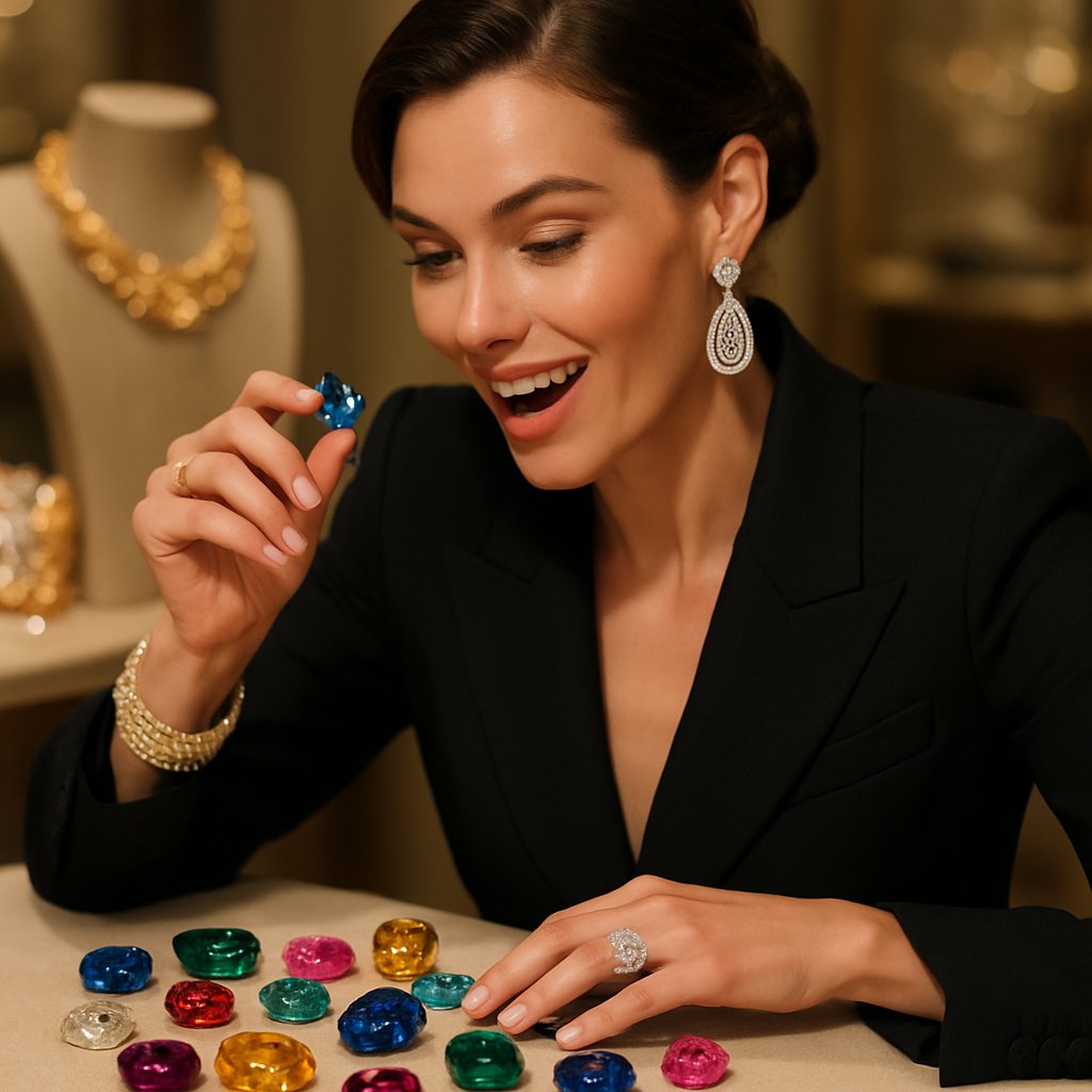 Investment grade rare colored gemstones and diamond jewelry displayed on black velvet