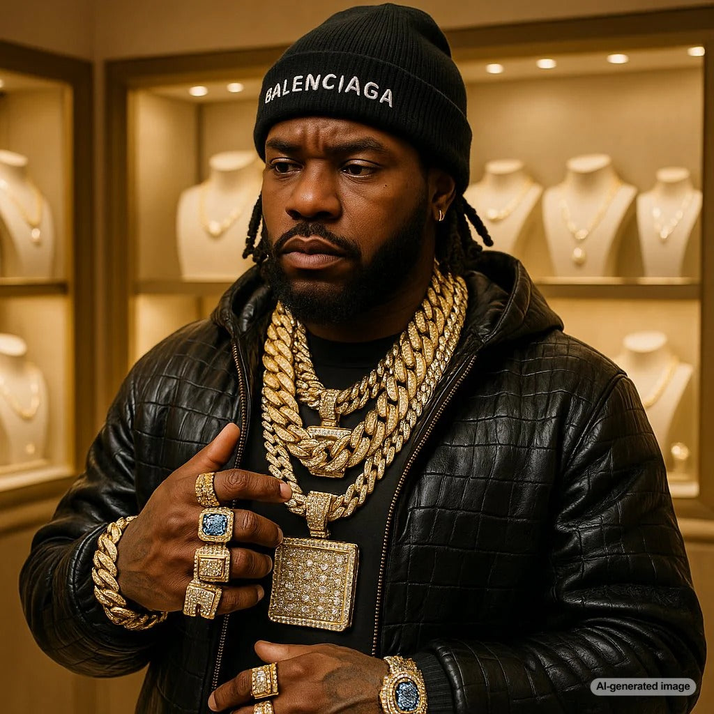 Rapper wearing bold diamond jewelry, showcasing hip-hop's iconic flashy style