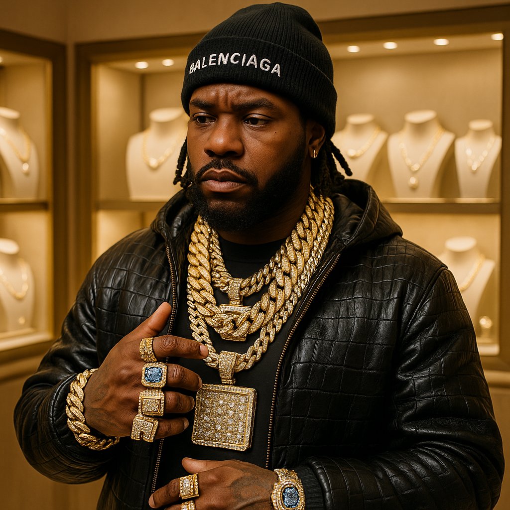 Rapper wearing bold diamond jewelry, showcasing hip-hop's iconic flashy style