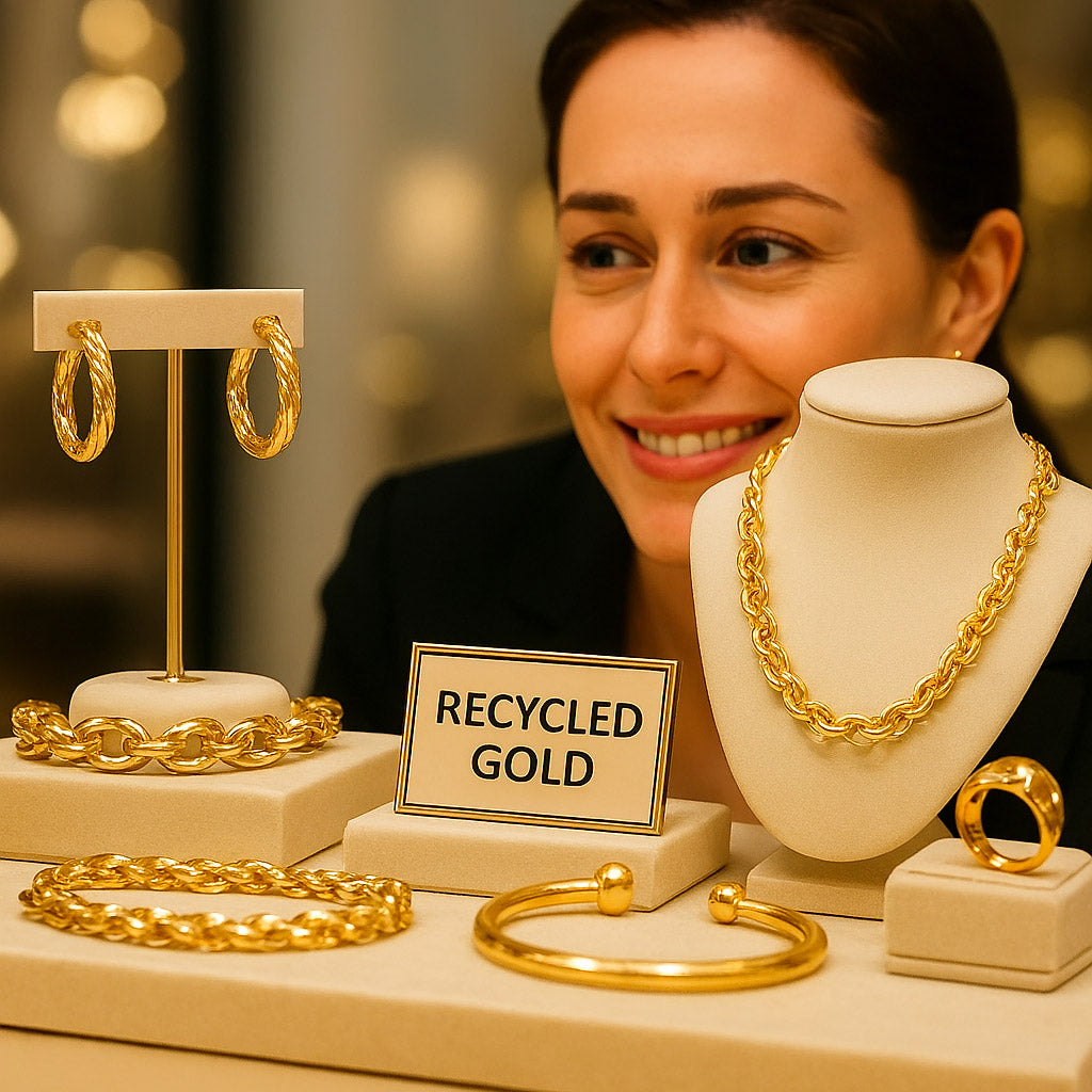 Elegant recycled gold jewelry pieces from Robinson's Jewelers, showcasing sustainable luxury