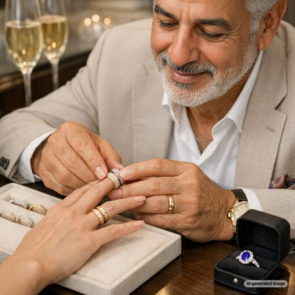 Three different ring widths on a hand showing how ring width changes the look of your hand