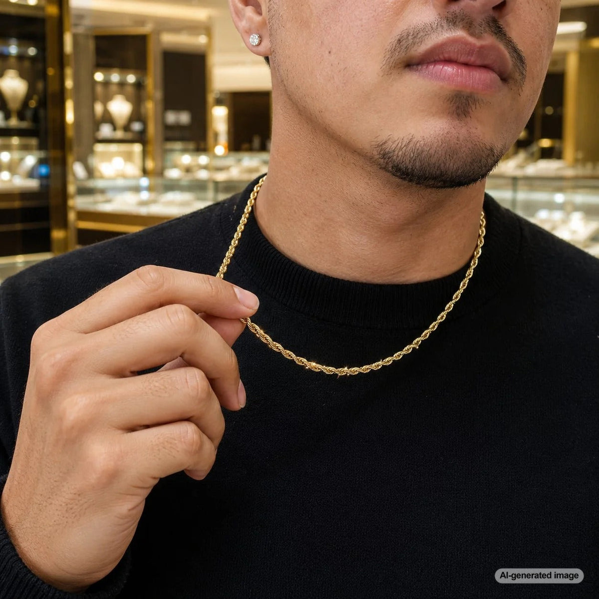A collection of elegant gold rope chains displayed against a dark velvet background, showcasing their intricate twisted design and brilliant shine.