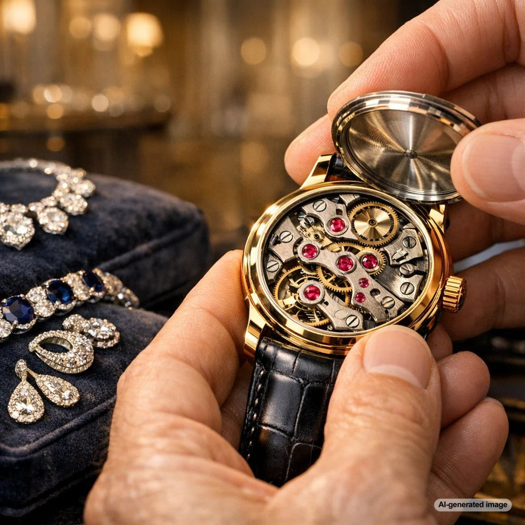 Close-up macro photograph of a luxury watch movement, highlighting several small, crimson ruby jewel bearings nestled among golden gears and bridges.