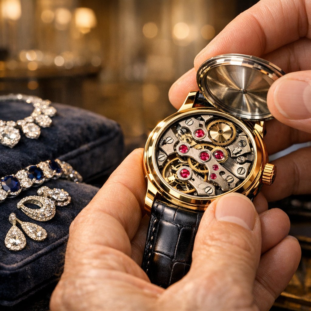Close-up macro photograph of a luxury watch movement, highlighting several small, crimson ruby jewel bearings nestled among golden gears and bridges.