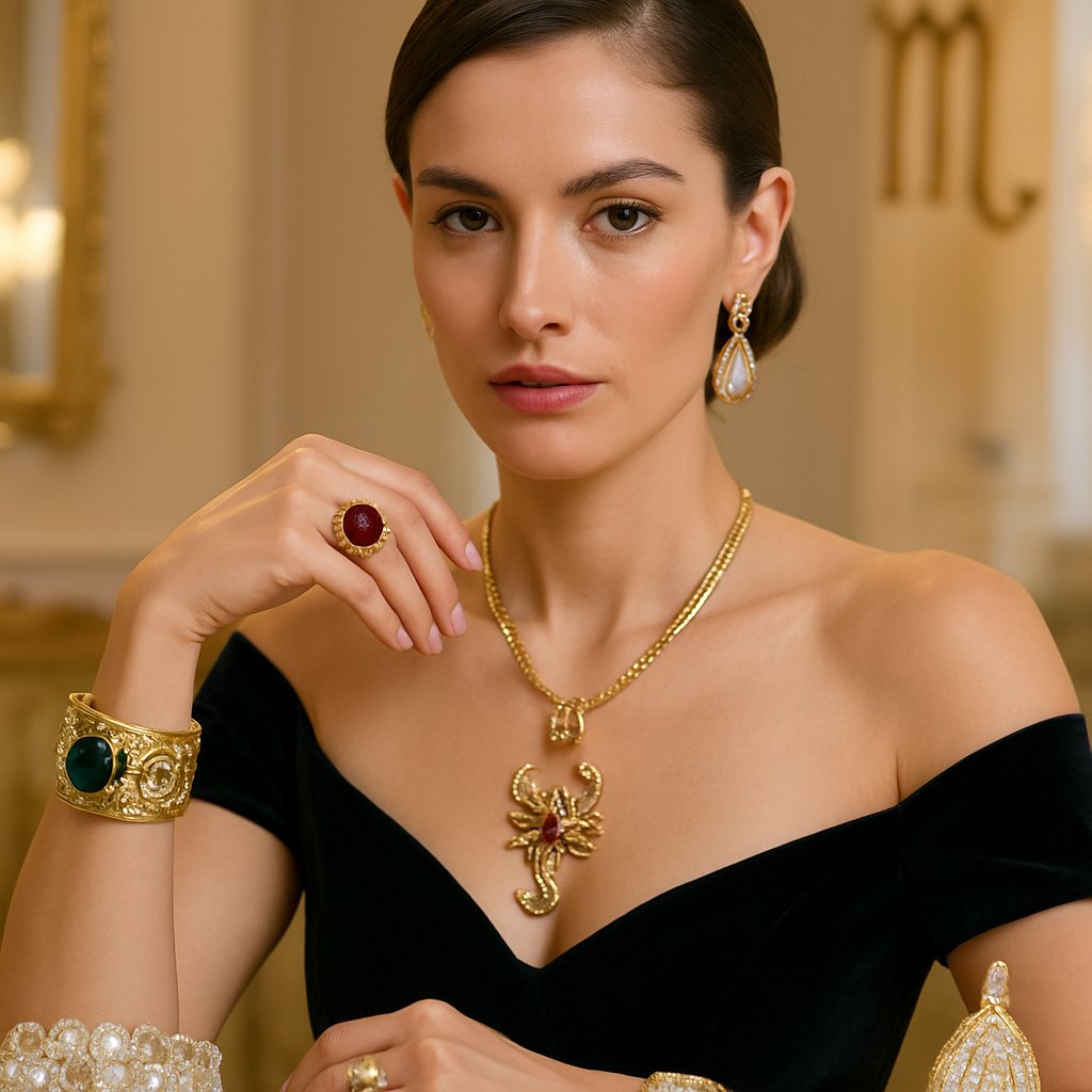 Bold jewelry for Scorpios featuring dramatic rings, bracelets, and necklaces