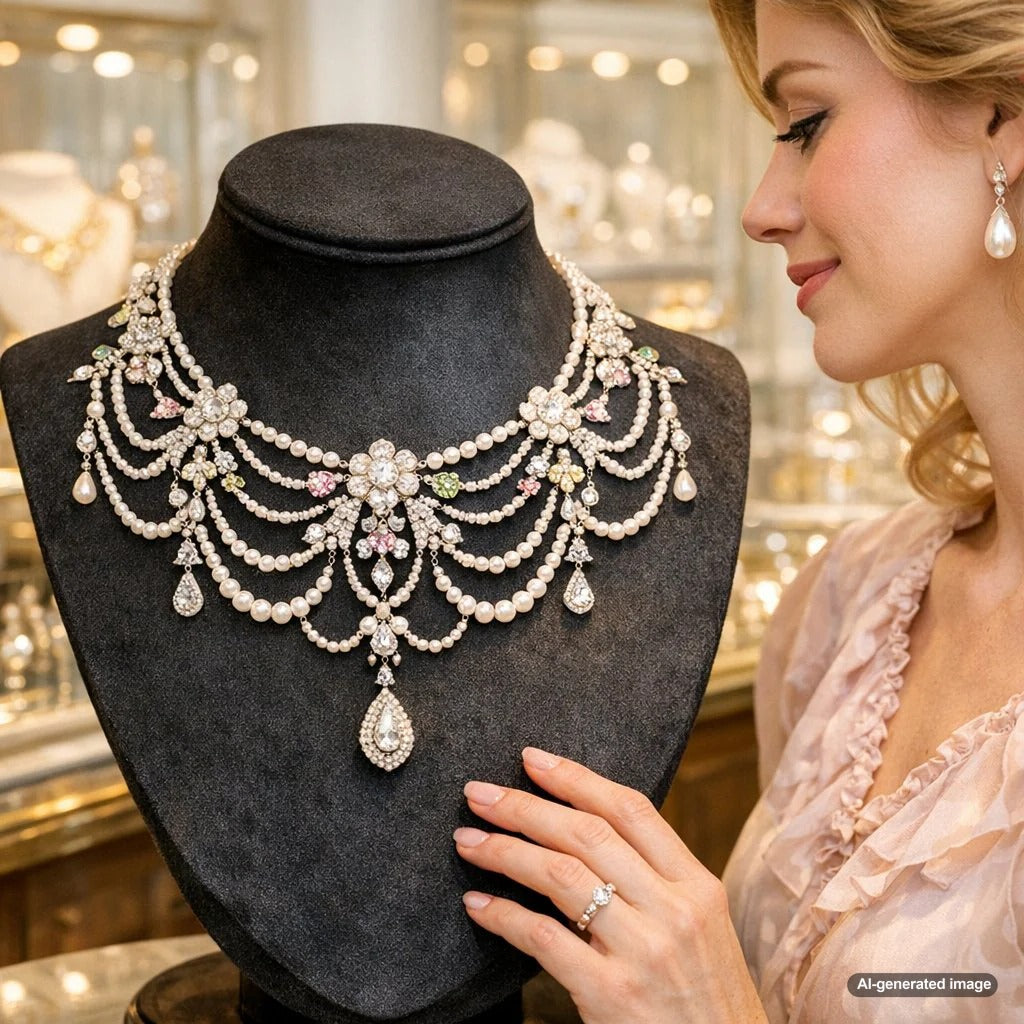 Close-up of an exquisite Edwardian era garland style necklace featuring intricate seed pearl work intertwined with diamonds in a platinum setting.