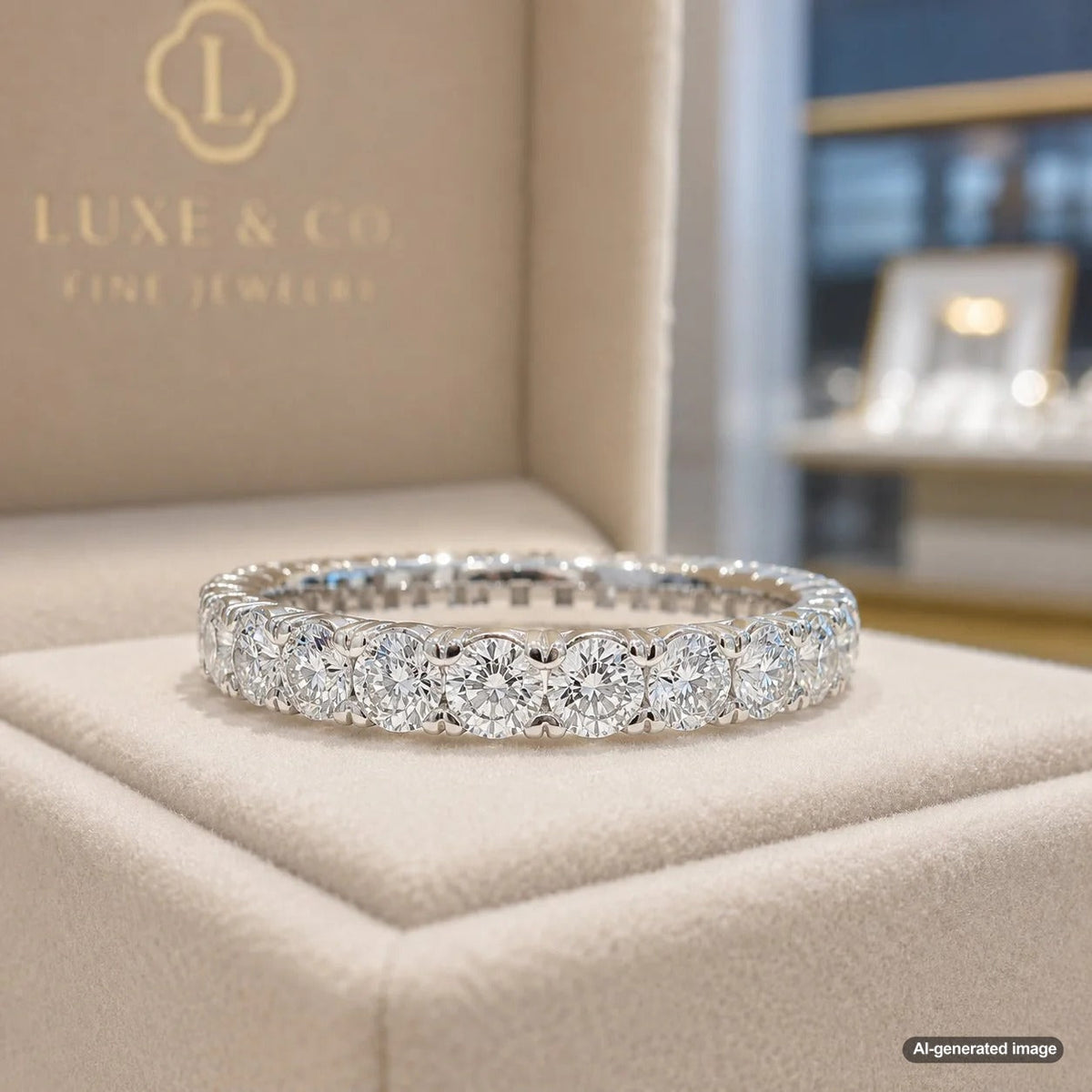 A stunning shared-prong diamond band showcasing brilliant diamonds with minimal visible metal from Robinson's Jewelers.