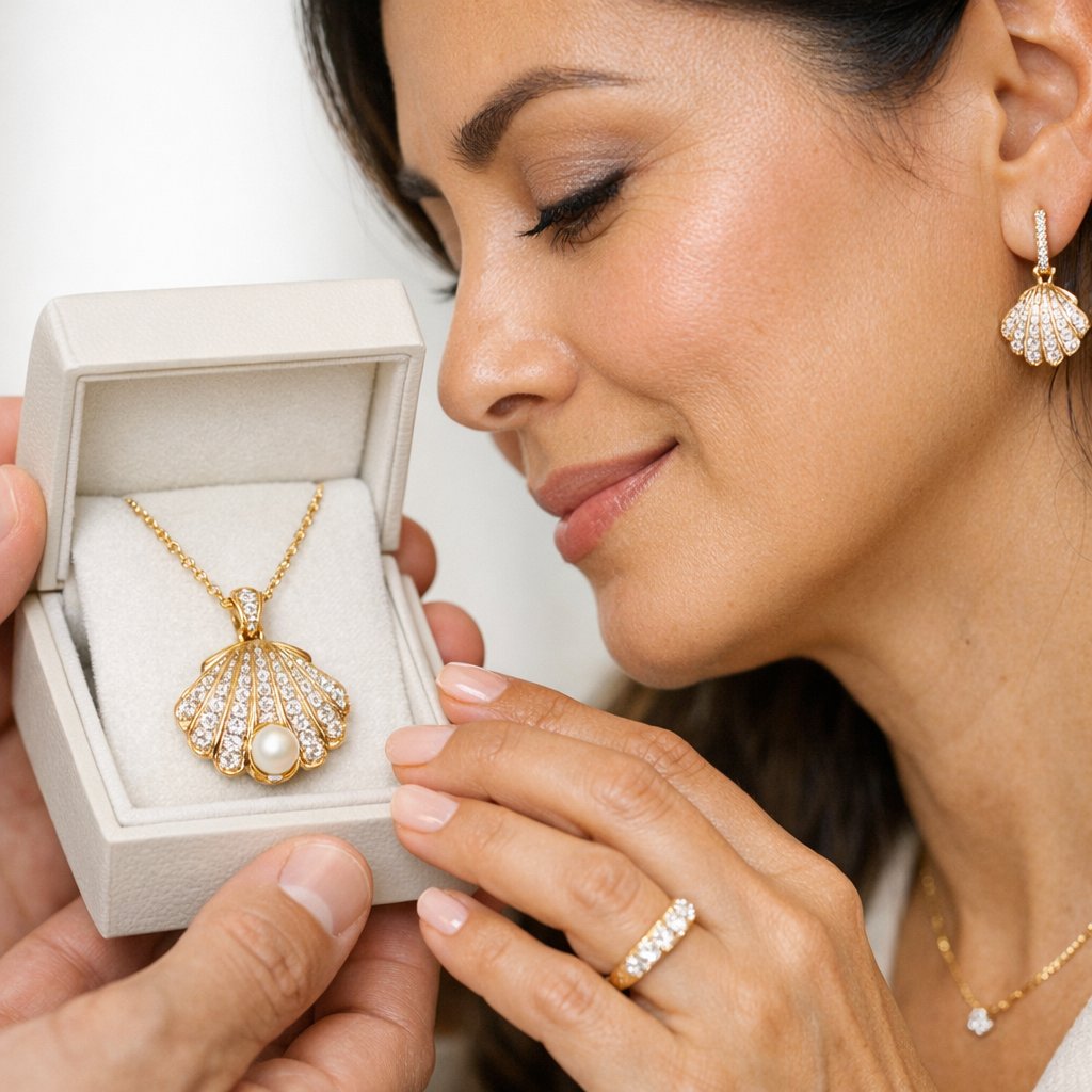 An array of stunning seashell motif fine jewelry including gold scallop necklaces and diamond starfish earrings from Robinson's Jewelers.