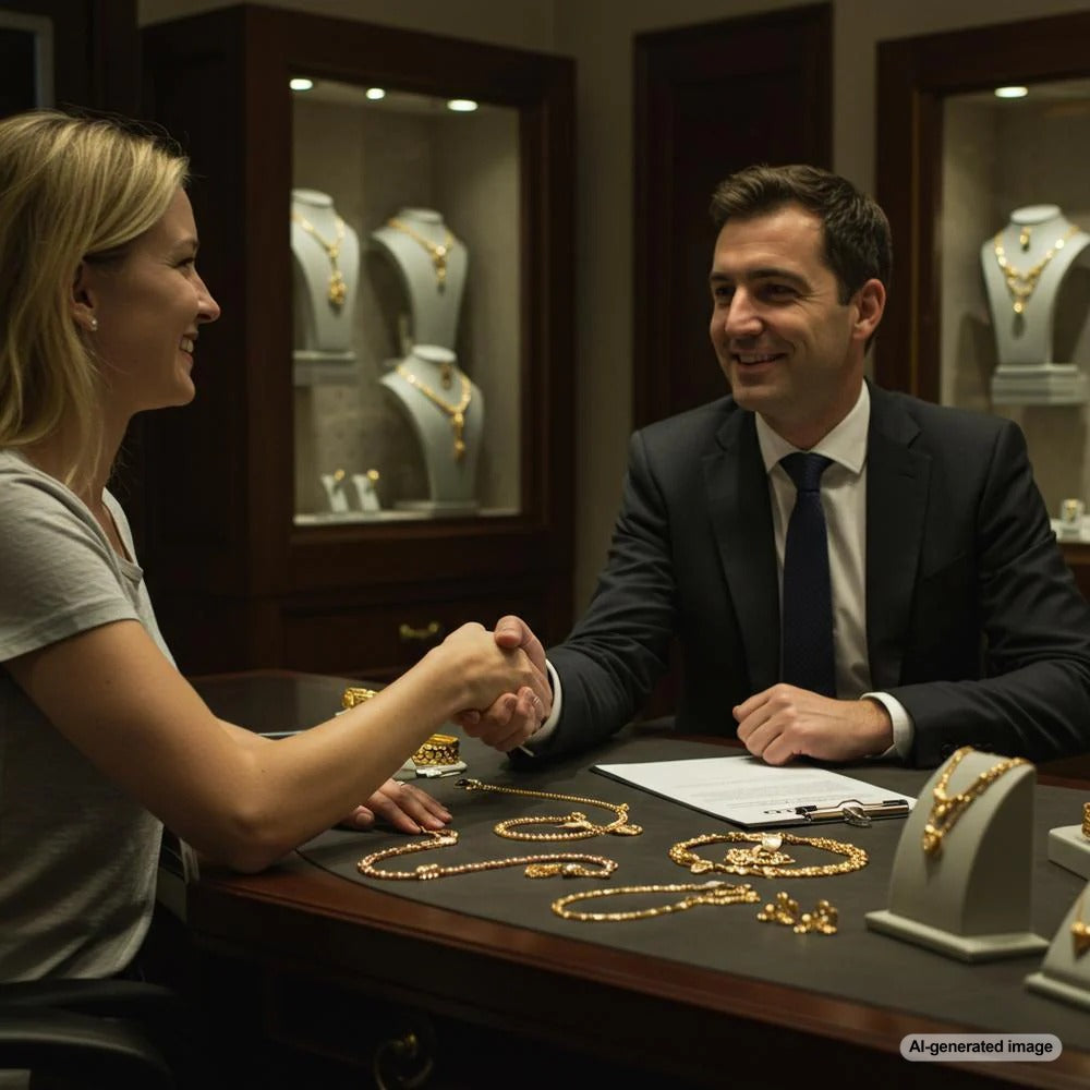 Close-up of various gold jewelry pieces being evaluated by a jeweler