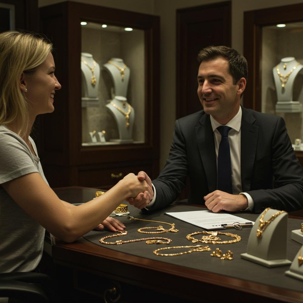 Close-up of various gold jewelry pieces being evaluated by a jeweler