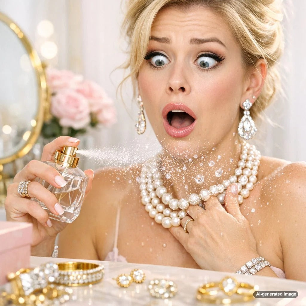 Close-up of luminous pearl necklace with a perfume bottle in the blurry background, illustrating the article's theme of protecting pearls from cosmetics.