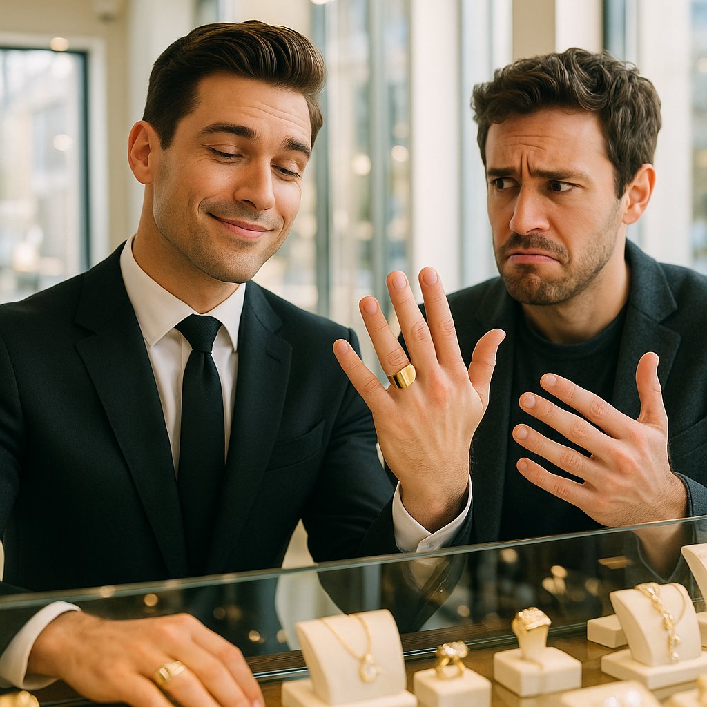 Luxury men's signet rings in gold and silver with intricate engravings, displayed on a velvet tray