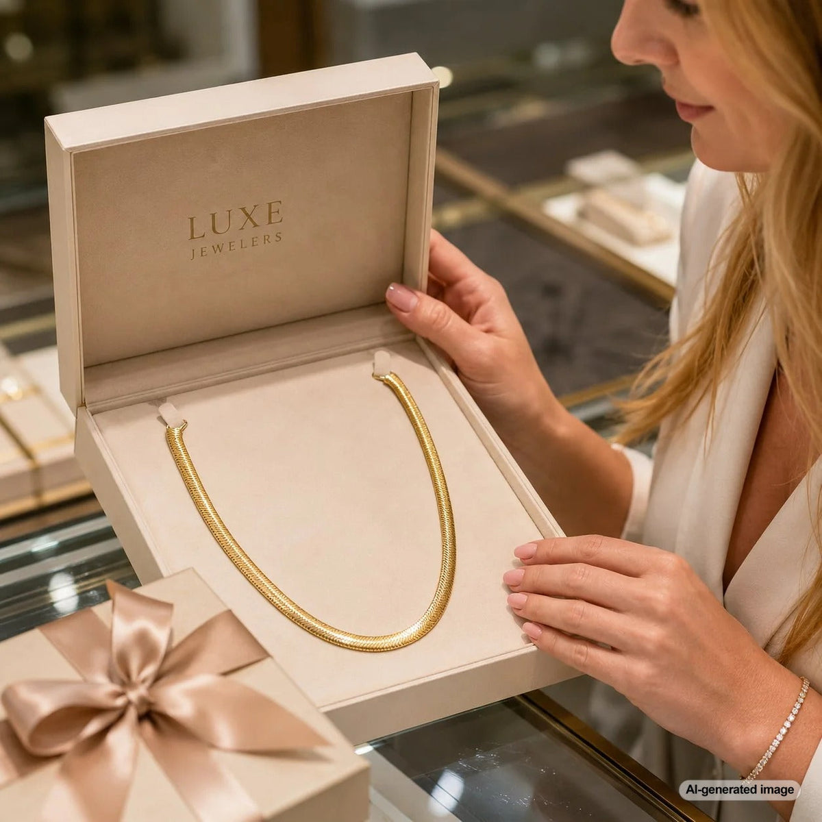 A sleek and sophisticated snake chain necklace from Robinson's Jewelers, showcasing its smooth, fluid, and liquid-metal like appearance.