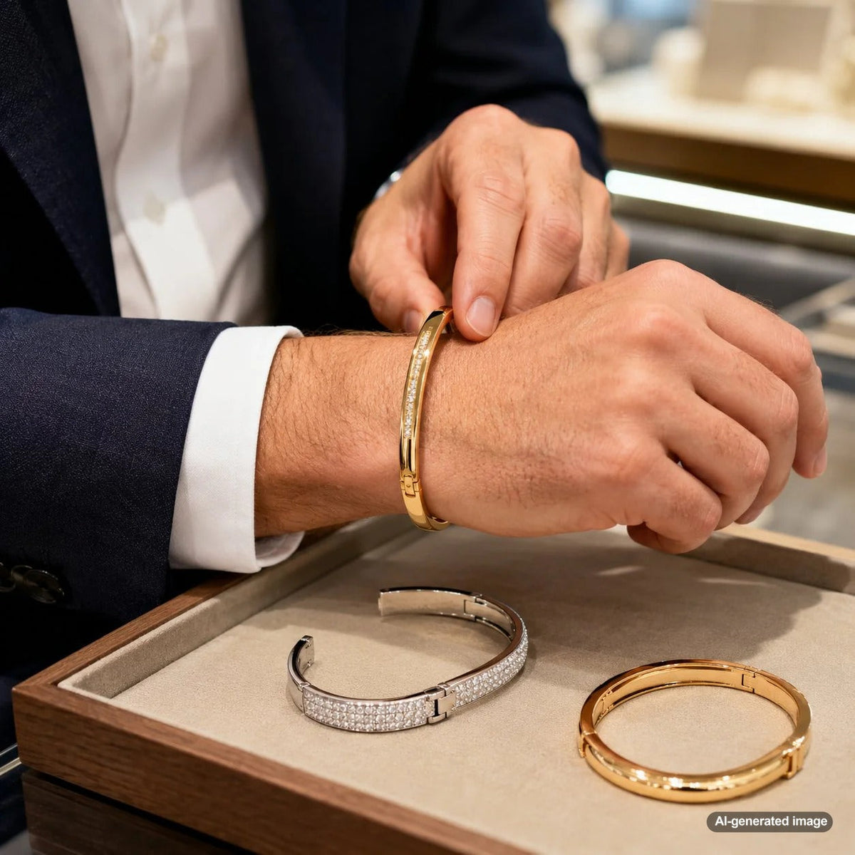 A stack of elegant gold, silver, and diamond bangle bracelets displayed on a white surface, showcasing a variety of styles and fits for easy wearing.