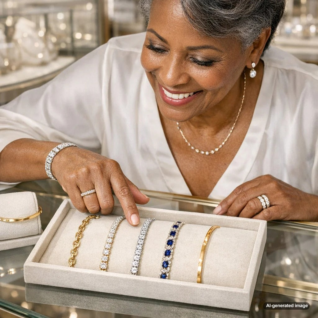A stack of various bracelet styles including a tennis bracelet, a bangle, and a chain bracelet on a wrist, illustrating the concept of bracelet fit and movement.