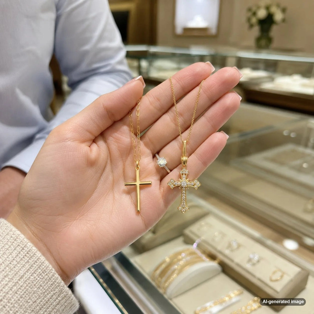 A modern cross necklace and a traditional cross necklace side by side at Robinson's Jewelers, showing the difference in design styles.