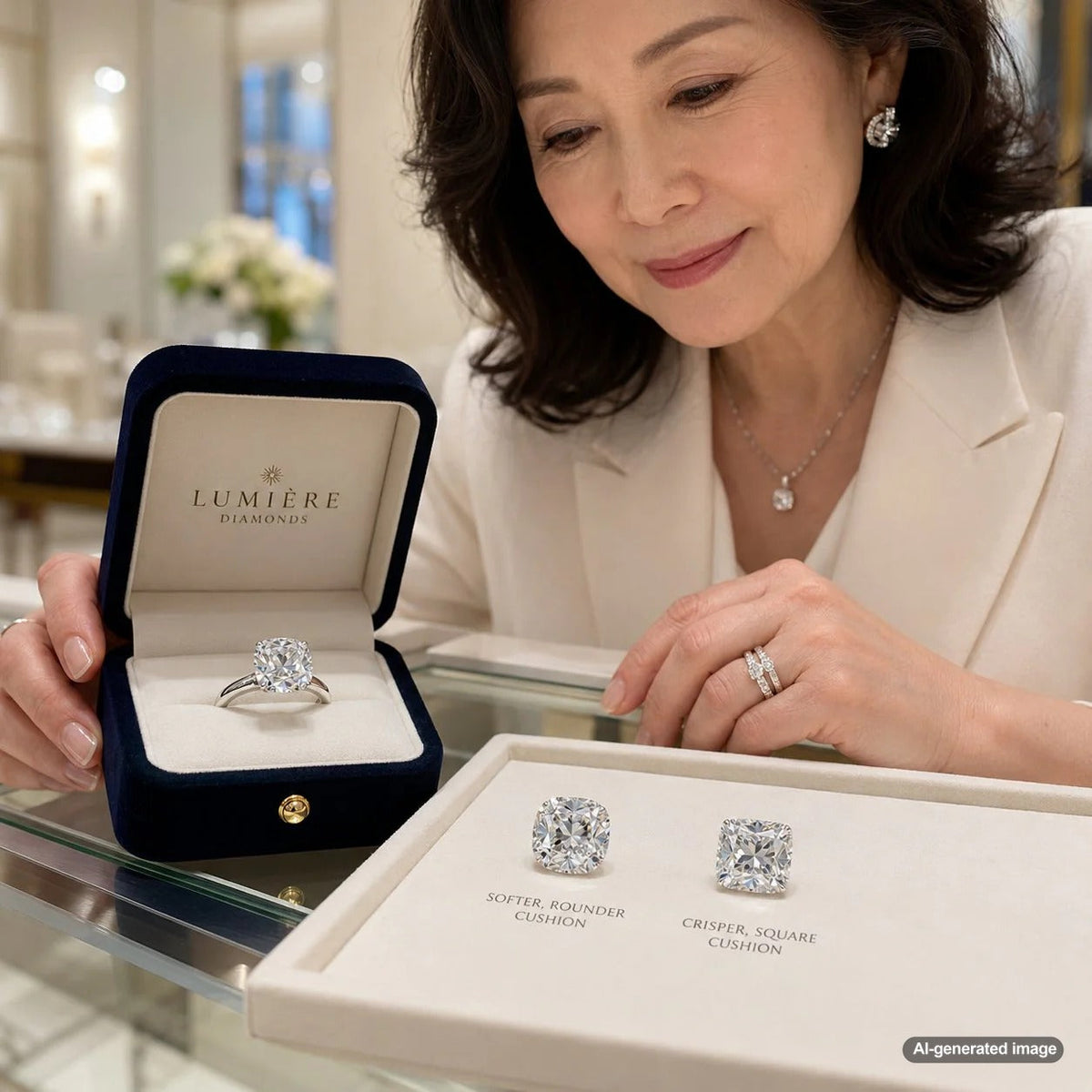 A dazzling cushion cut diamond ring showcasing the softer, romantic sparkle characteristic of this unique diamond shape.