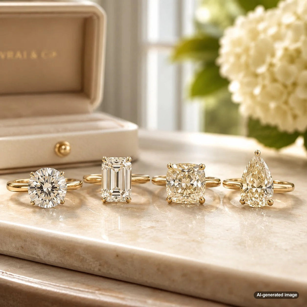 Infographic explaining why some diamond shapes show color more than others, comparing round brilliant, cushion, princess, emerald, asscher, radiant, pear, oval, and heart shapes