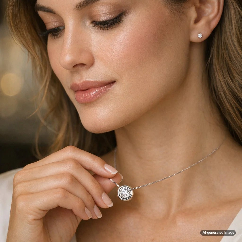 Close up of a diamond ring with a sleek bezel setting showing how the metal rim makes the diamond appear larger and more brilliant.