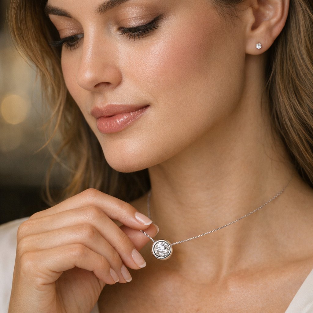 Close up of a diamond ring with a sleek bezel setting showing how the metal rim makes the diamond appear larger and more brilliant.