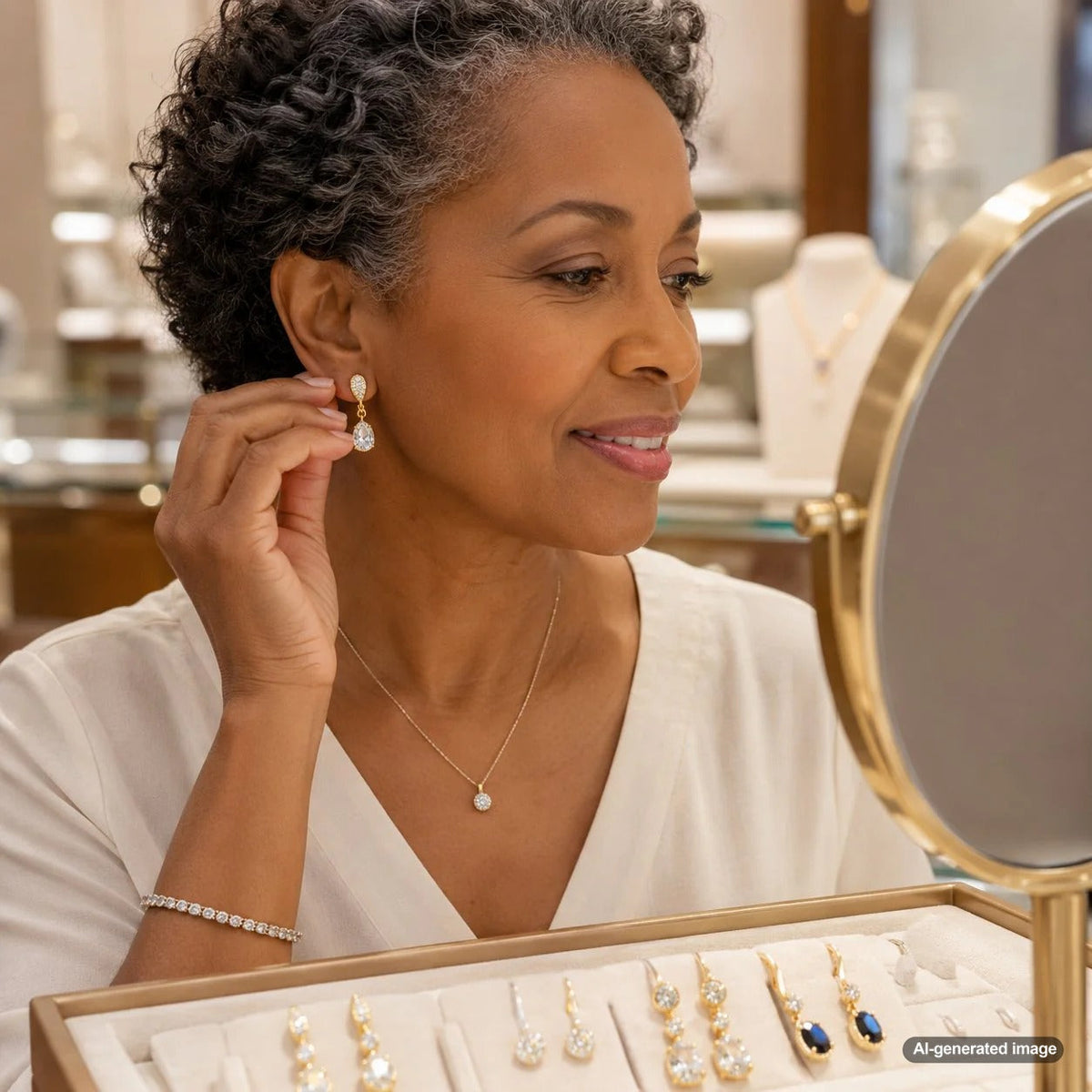 Woman adjusting stylish gold hoop earrings, illustrating how heavy earrings can pull on the earlobe.