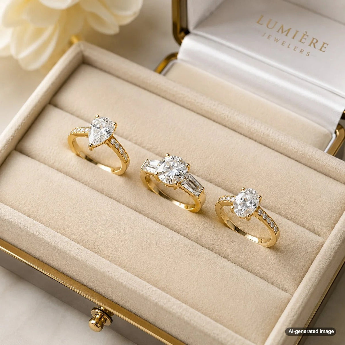 Yellow gold engagement ring showcasing the warm glow of gold around a brilliant center diamond