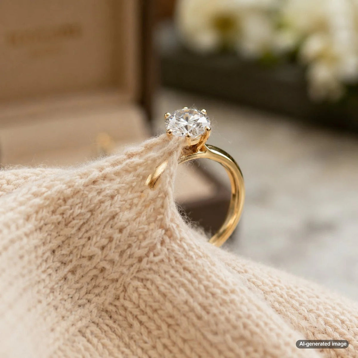 Close up of a womans hand wearing a diamond engagement ring next to a cozy red sweater to demonstrate fabric snagging