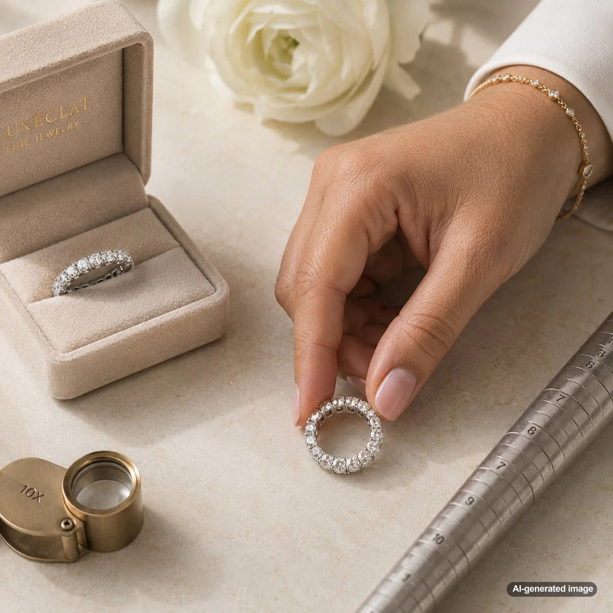 A detailed image showcasing why some eternity rings cannot be sized easily, highlighting the continuous diamond setting.