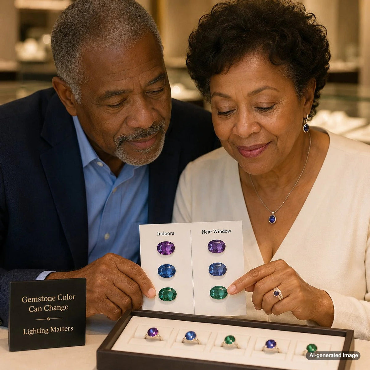 Comparison of a glowing red ruby ring and a deep blue sapphire ring, showing how gemstone colors shift between indoor and outdoor lighting