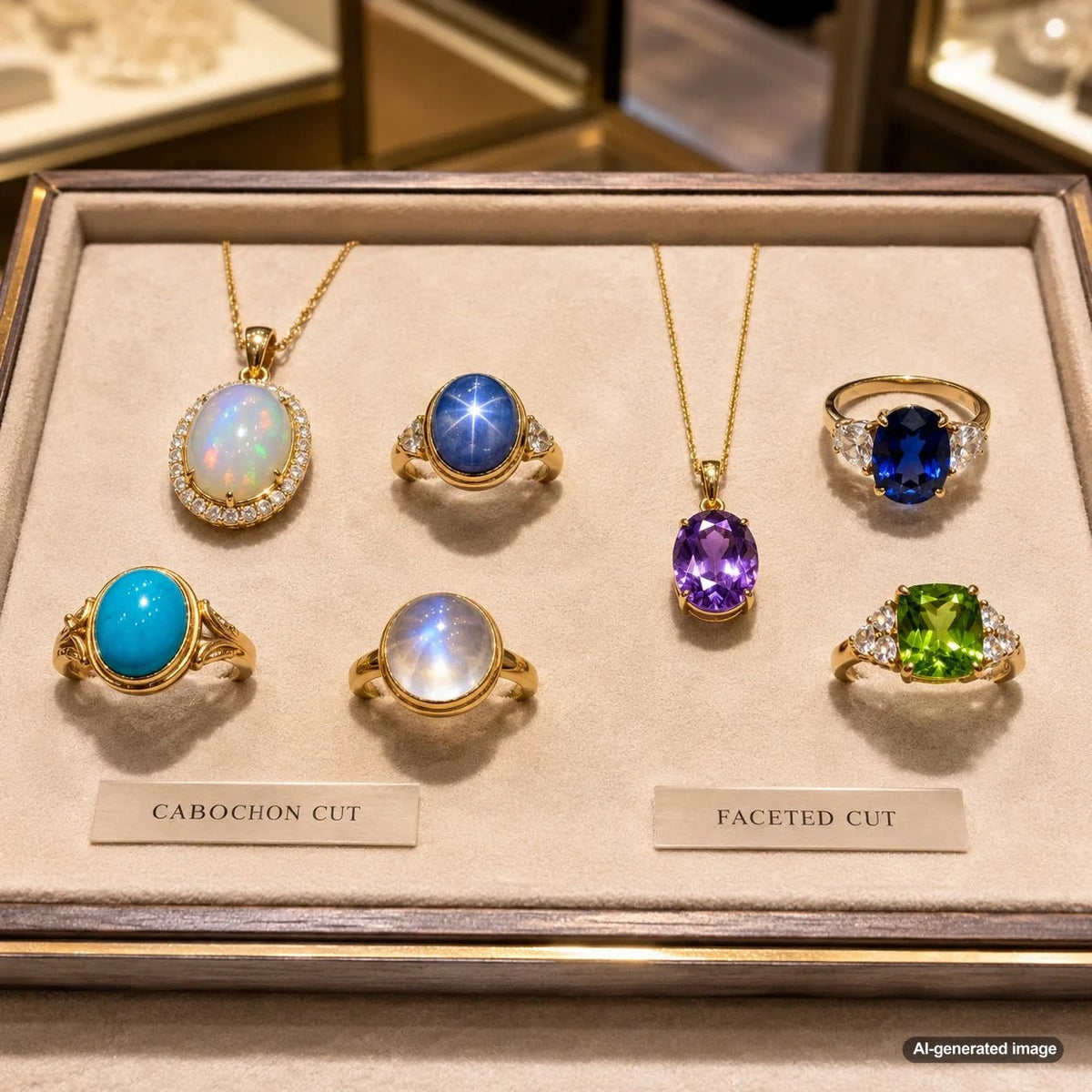 A beautiful illustration comparing a faceted gemstone with a smooth, polished cabochon gemstone.