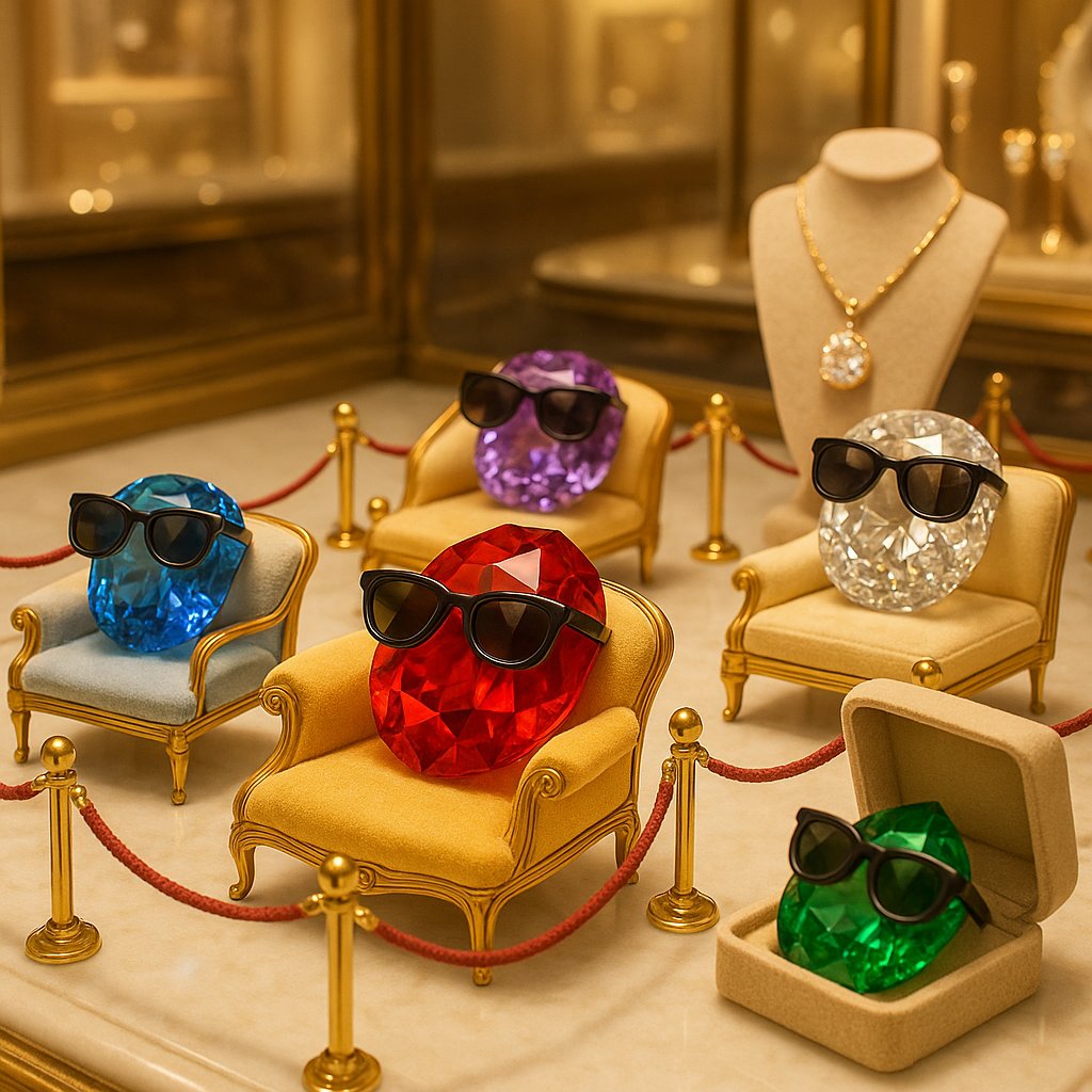 Rare gemstones including tanzanite, alexandrite, and ruby displayed on velvet