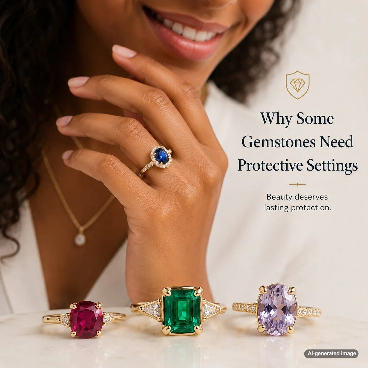 Close up of a luxurious emerald cut emerald ring in a secure protective bezel setting.