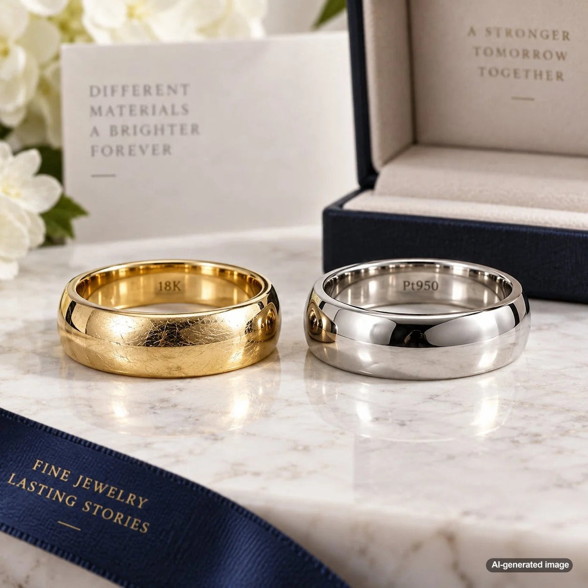 Gold and platinum jewelry illustrating differences in scratches, surface wear, and precious metal patina