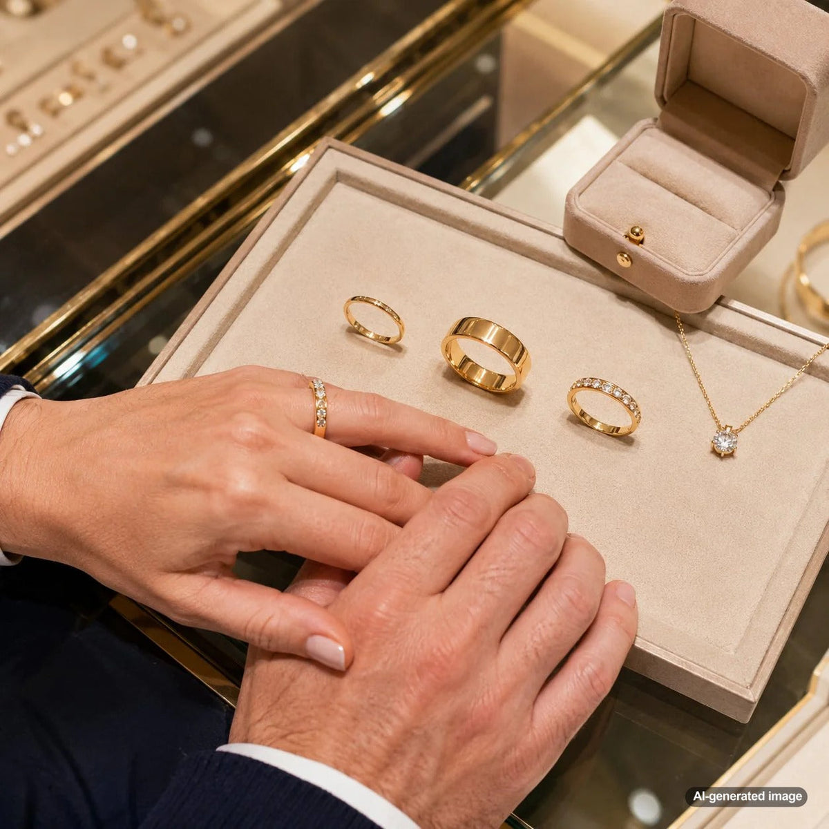 Close up of gold rings on a dark surface showing different weights and karats.
