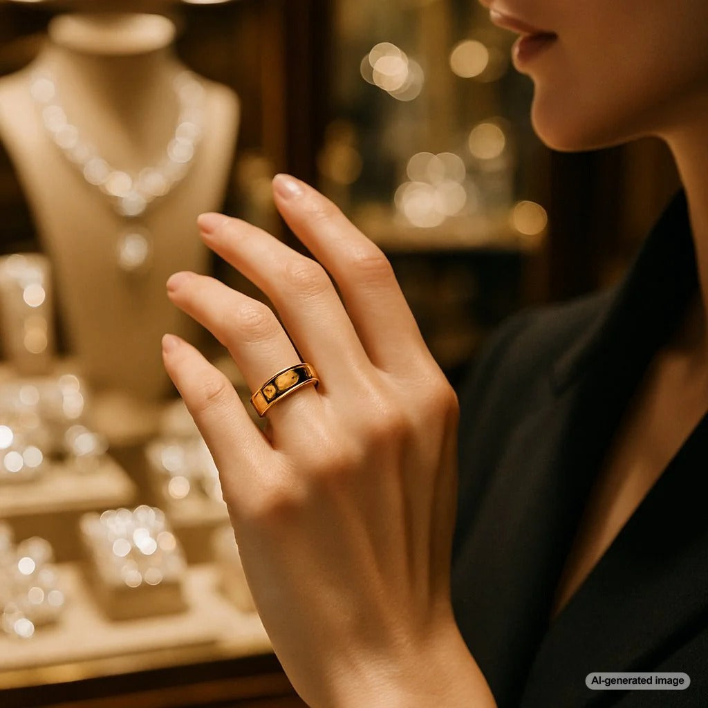 Close up of two hands with wedding rings intertwined, one ring is on and the other is held playfully between fingers